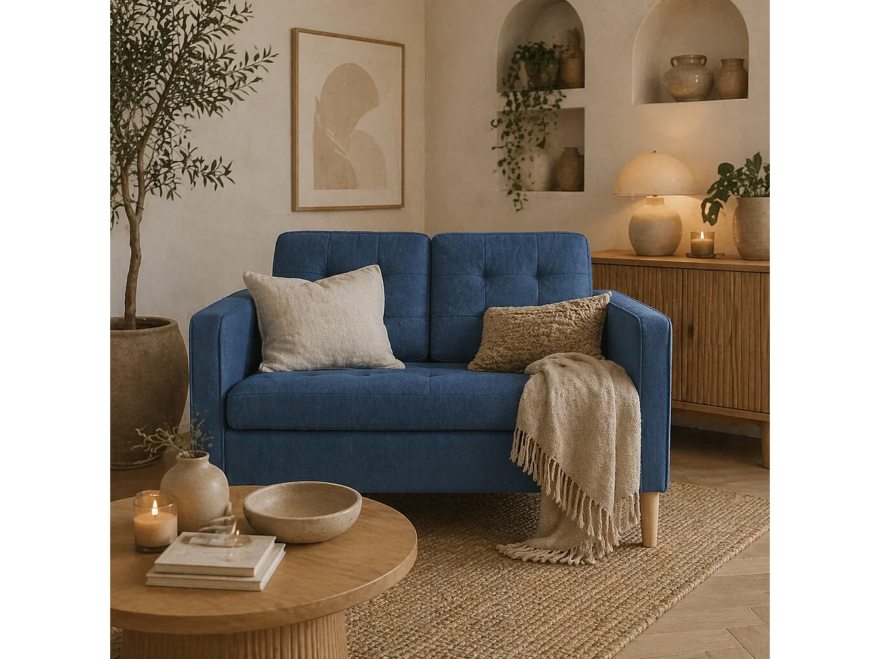 Vanasu Blue 2 Seater Compact Sofa with Hidden Under Seat Storage and Tufted Seat