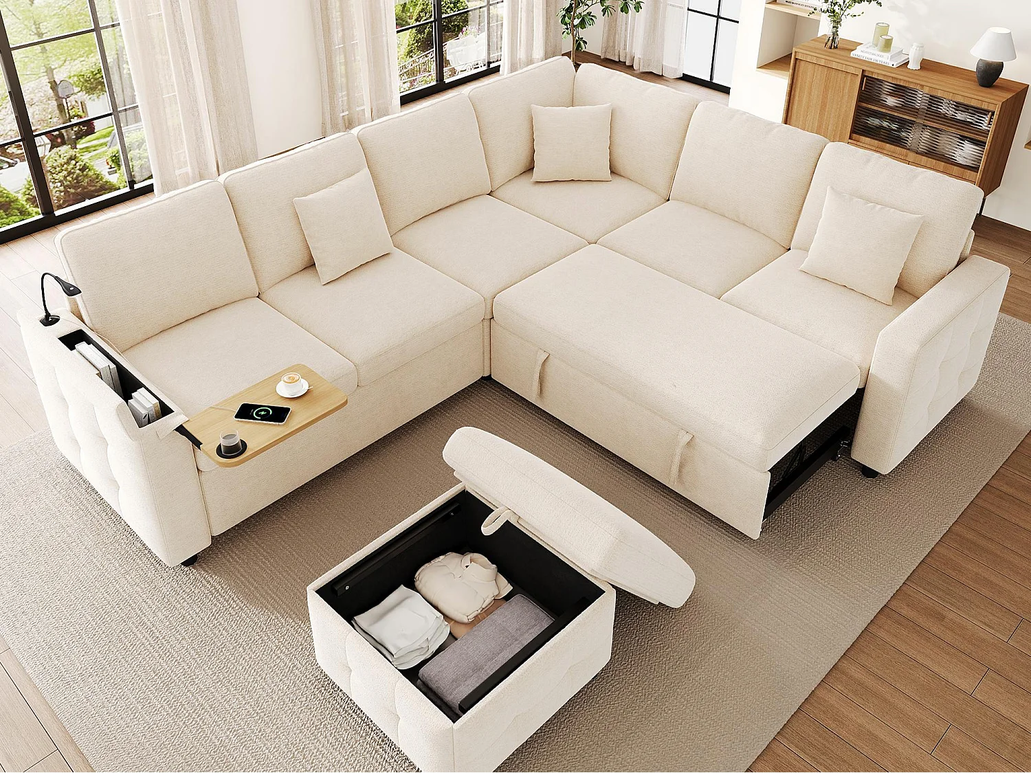 Canapé d'angle extra large en forme de L - avec LED, USB/Type-C, tablettes Table pliante et 3 coussins - extensible et convertible en canapé-lit - Beige