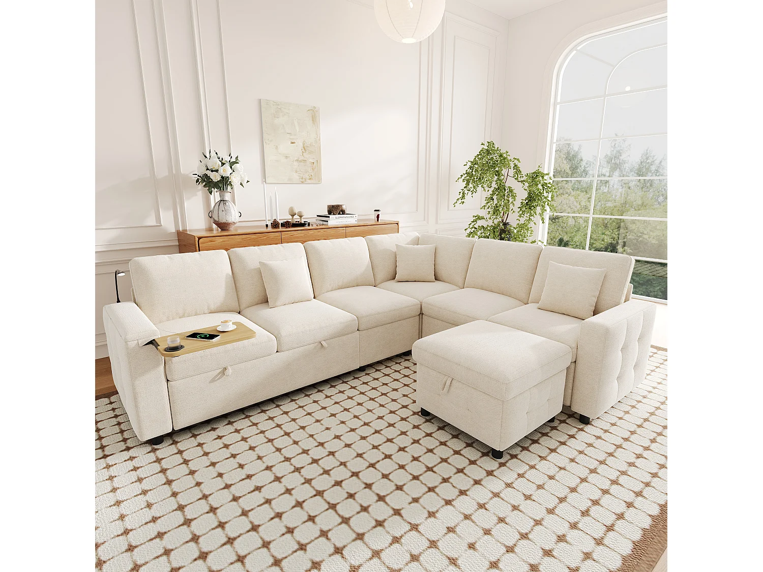 Canapé d'angle extra large en forme de L - avec LED, USB/Type-C, tablettes Table pliante et 3 coussins - extensible et convertible en canapé-lit - Beige