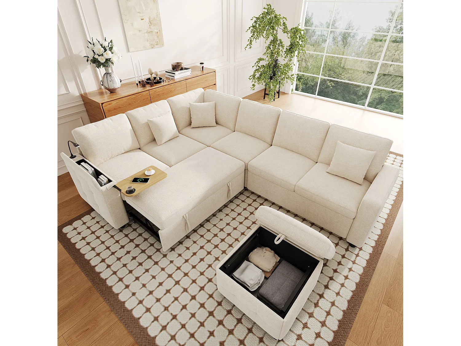 Canapé d'angle extra large en forme de L - avec LED, USB/Type-C, tablettes Table pliante et 3 coussins - extensible et convertible en canapé-lit - Beige