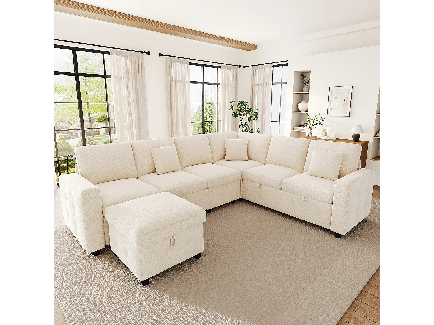 Canapé d'angle extra large en forme de L - avec LED, USB/Type-C, tablettes Table pliante et 3 coussins - extensible et convertible en canapé-lit - Beige