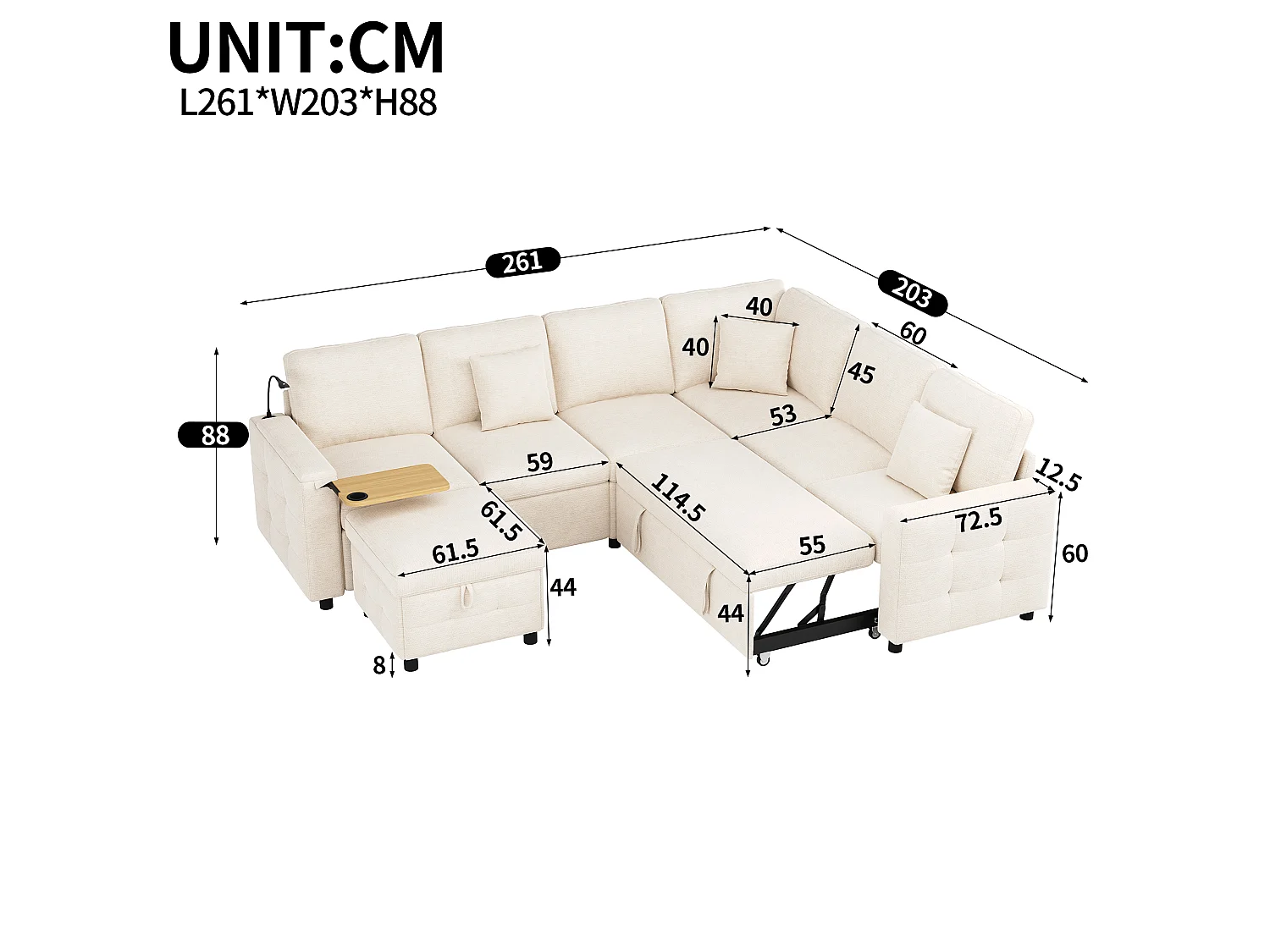 Canapé d'angle extra large en forme de L - avec LED, USB/Type-C, tablettes Table pliante et 3 coussins - extensible et convertible en canapé-lit - Beige