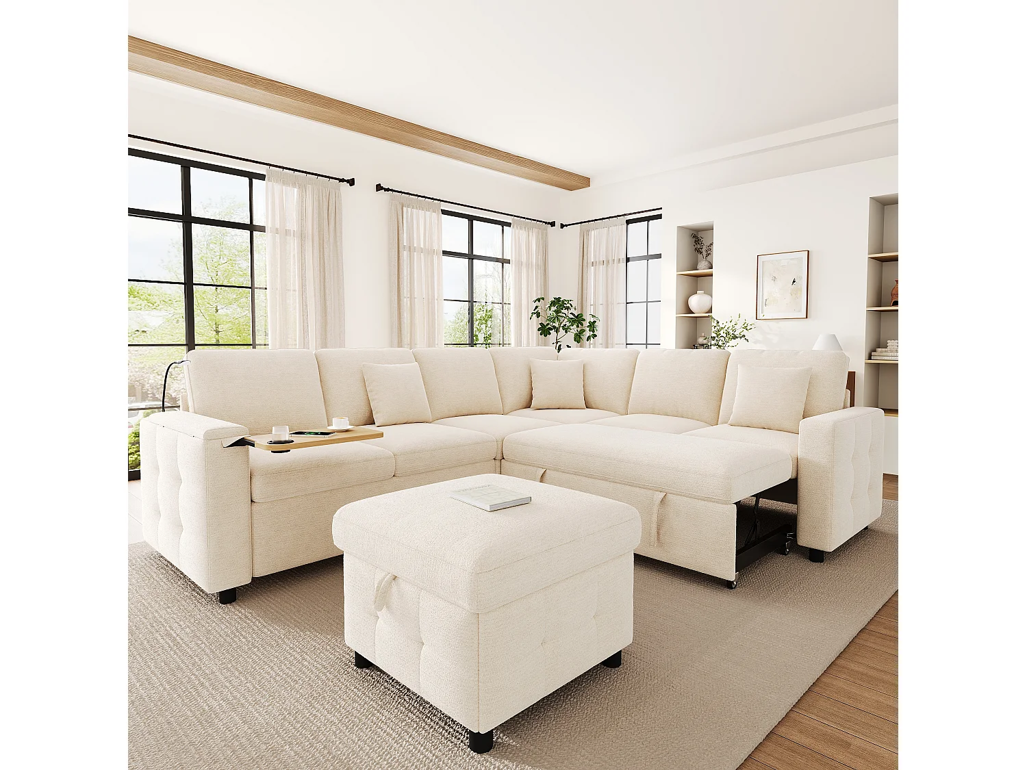 Canapé d'angle extra large en forme de L - avec LED, USB/Type-C, tablettes Table pliante et 3 coussins - extensible et convertible en canapé-lit - Beige