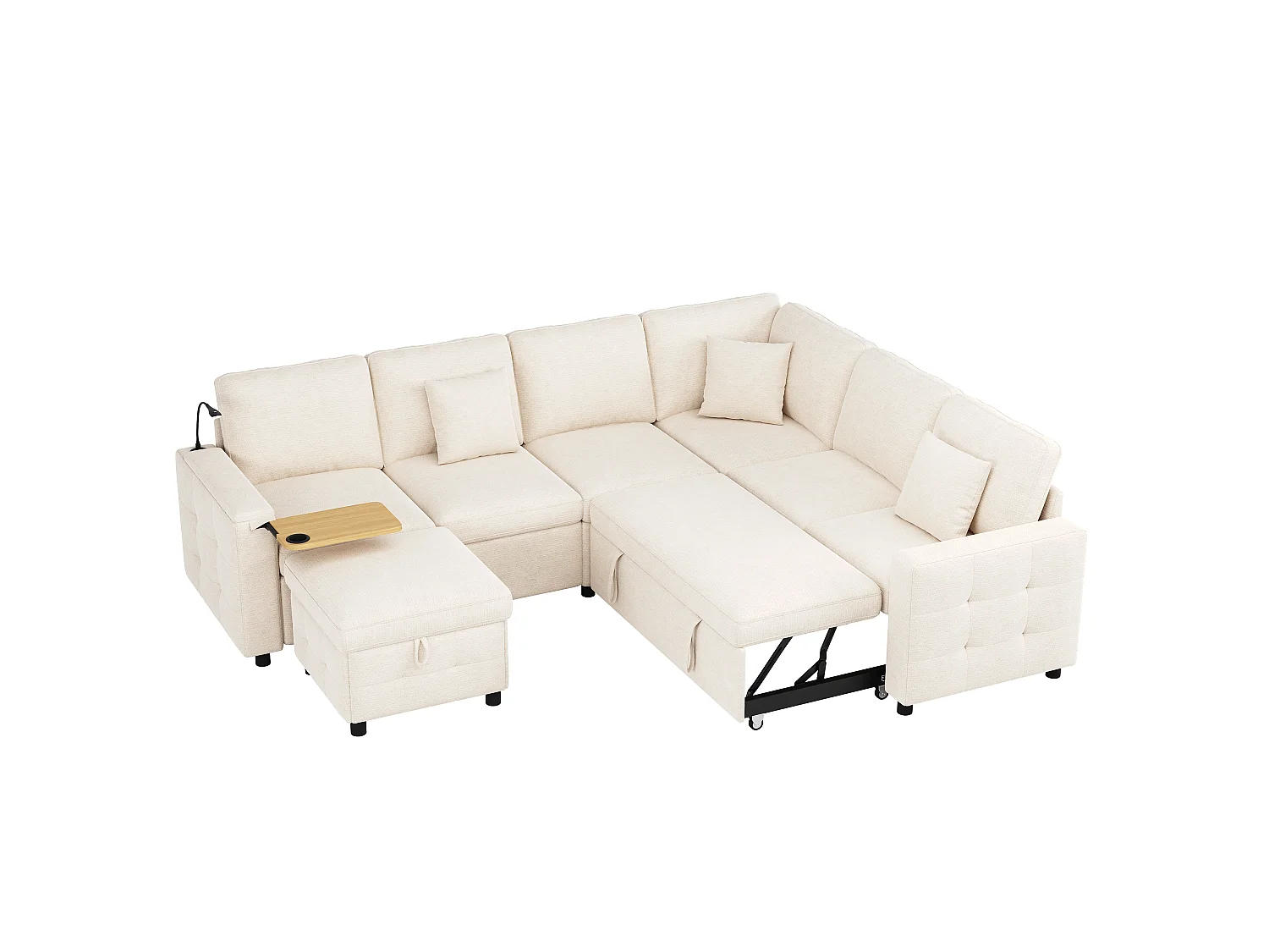 Canapé d'angle extra large en forme de L - avec LED, USB/Type-C, tablettes Table pliante et 3 coussins - extensible et convertible en canapé-lit - Beige