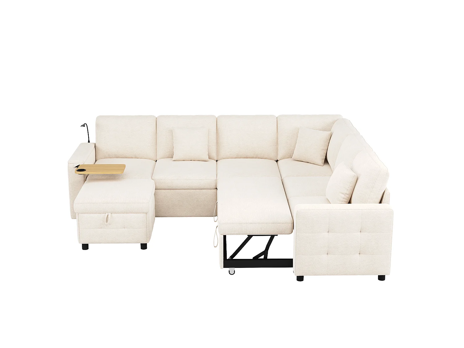 Canapé d'angle extra large en forme de L - avec LED, USB/Type-C, tablettes Table pliante et 3 coussins - extensible et convertible en canapé-lit - Beige