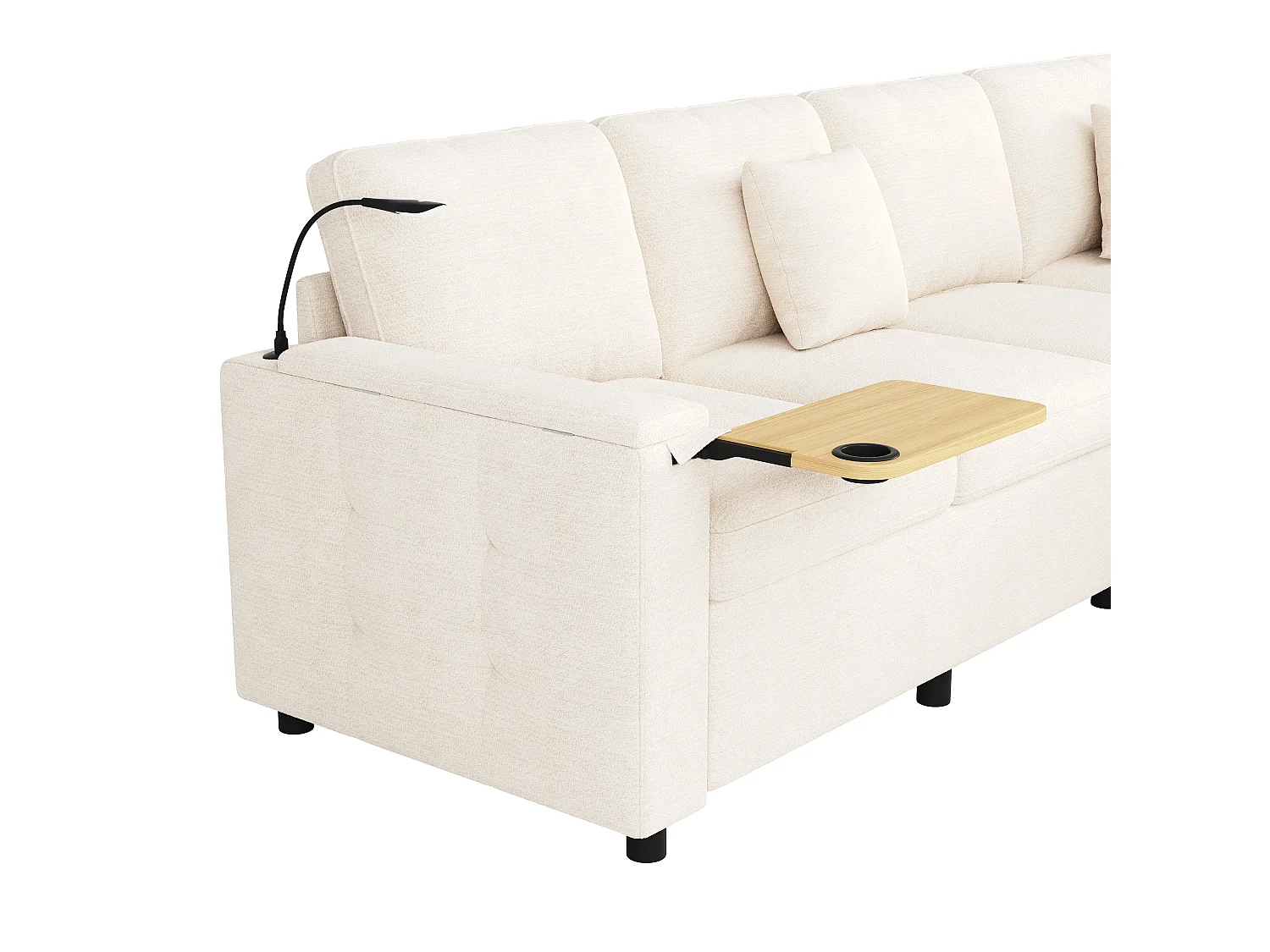 Canapé d'angle extra large en forme de L - avec LED, USB/Type-C, tablettes Table pliante et 3 coussins - extensible et convertible en canapé-lit - Beige