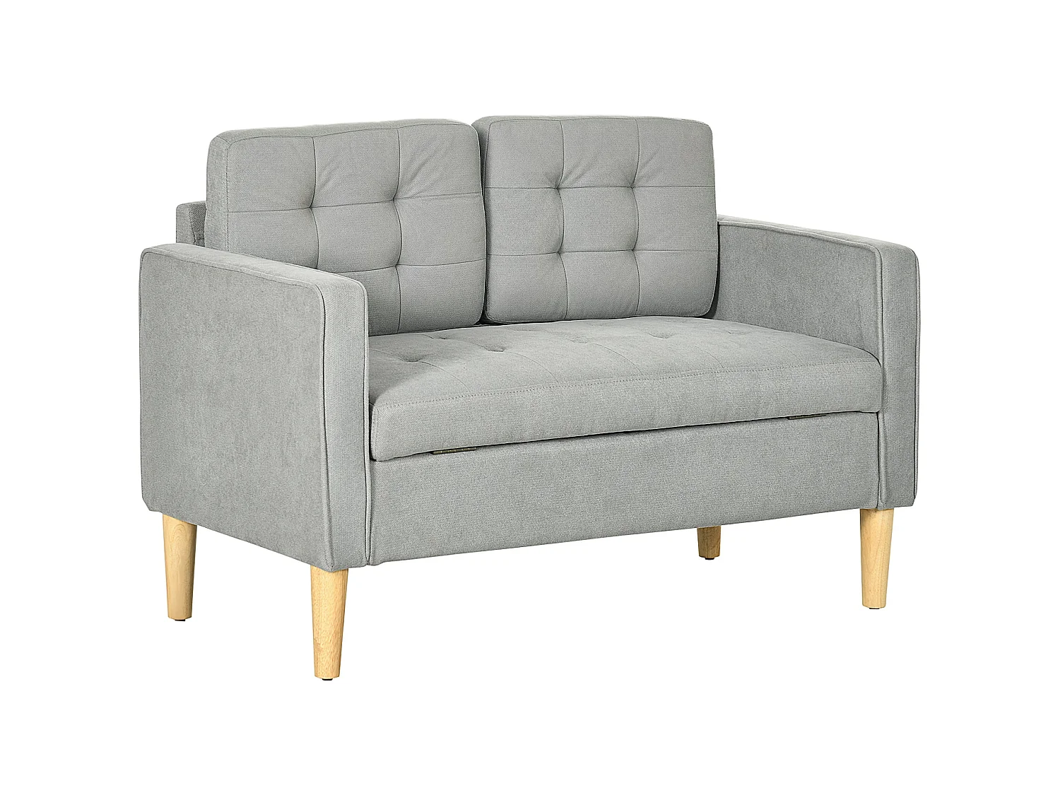 Pamo Compact 2 Seater Sofa Light Grey Fabric with Hidden Under Seat Storage and Tufted Cushions