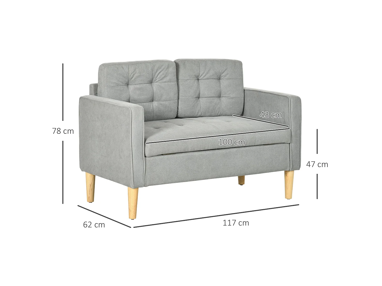 Pamo Compact 2 Seater Sofa Light Grey Fabric with Hidden Under Seat Storage and Tufted Cushions