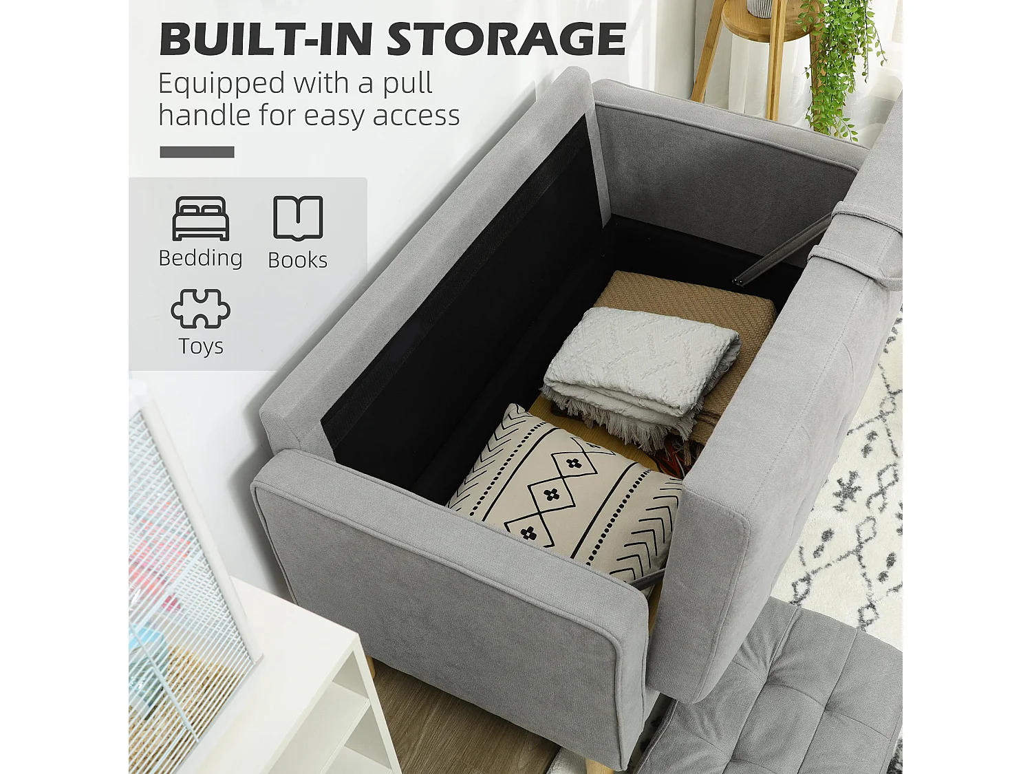 Pamo Compact 2 Seater Sofa Light Grey Fabric with Hidden Under Seat Storage and Tufted Cushions