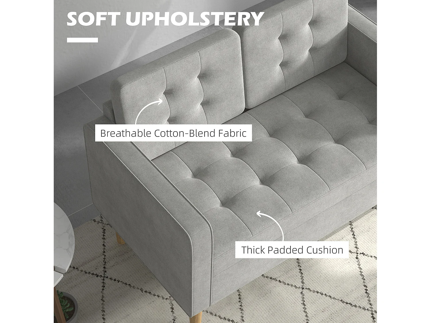 Pamo Compact 2 Seater Sofa Light Grey Fabric with Hidden Under Seat Storage and Tufted Cushions