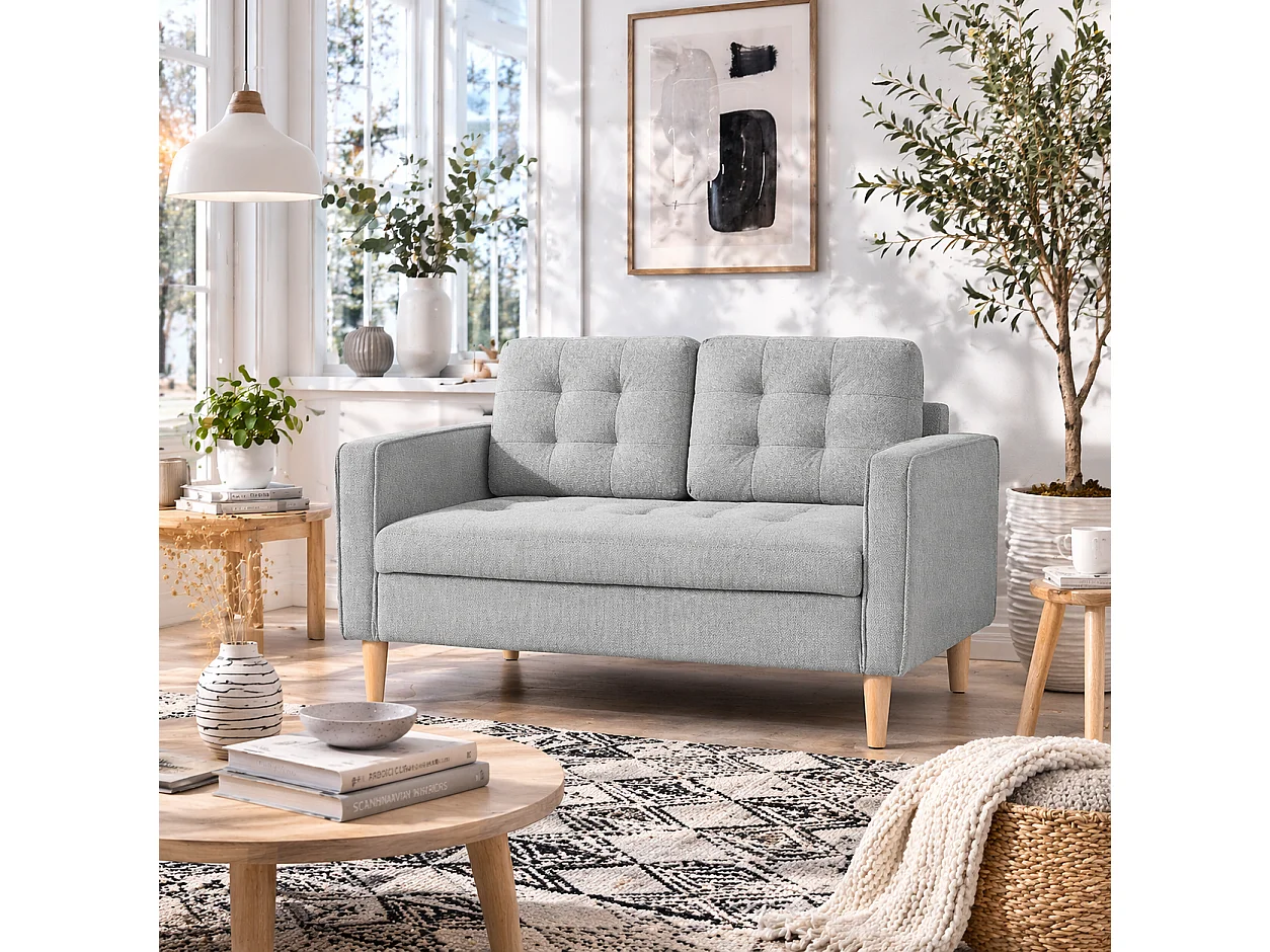 Pamo Compact 2 Seater Sofa Light Grey Fabric with Hidden Under Seat Storage and Tufted Cushions