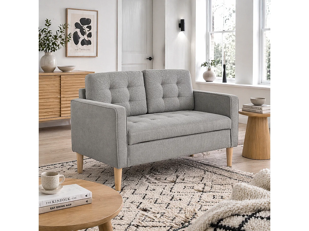 Pamo Compact 2 Seater Sofa Light Grey Fabric with Hidden Under Seat Storage and Tufted Cushions