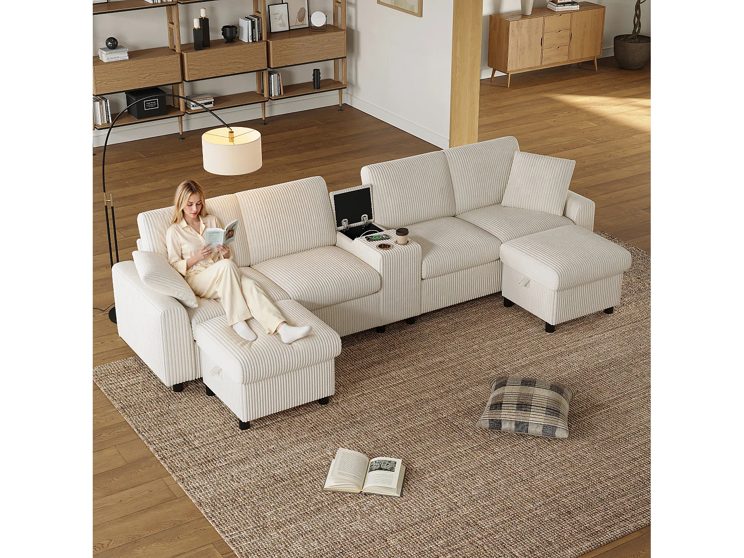 Modern U-shaped corner sofa - with USB and Type-C ports - with 2 storage footrests - with 2 cup holders - corduroy - Beige