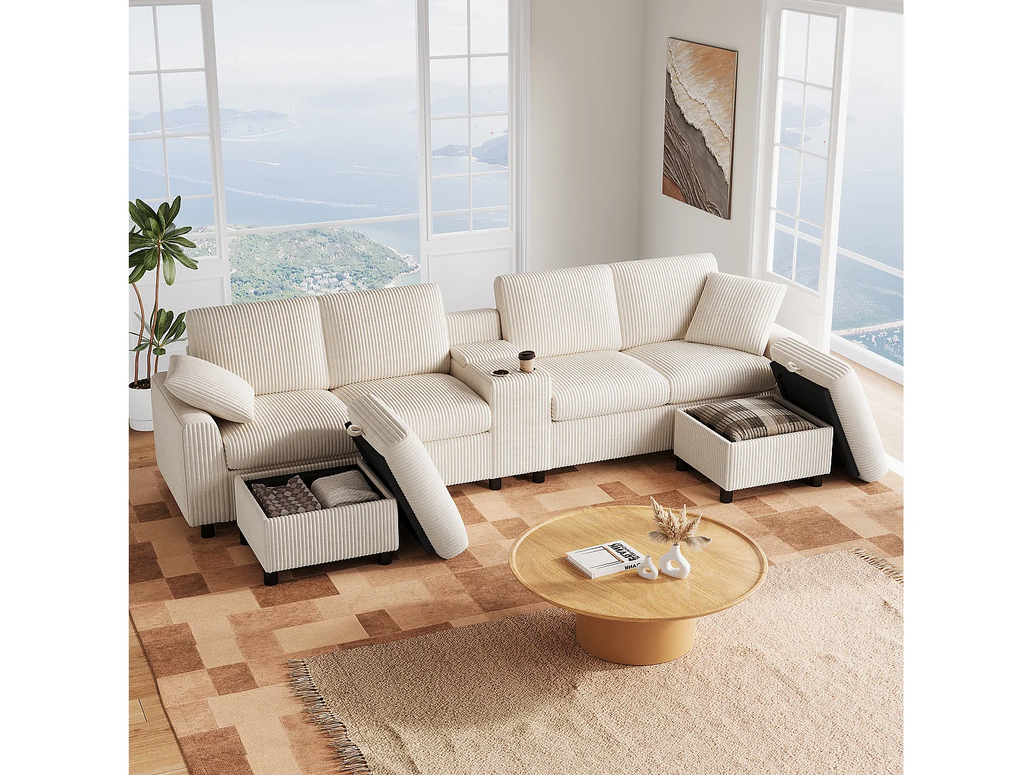 Modern U-shaped corner sofa - with USB and Type-C ports - with 2 storage footrests - with 2 cup holders - corduroy - Beige