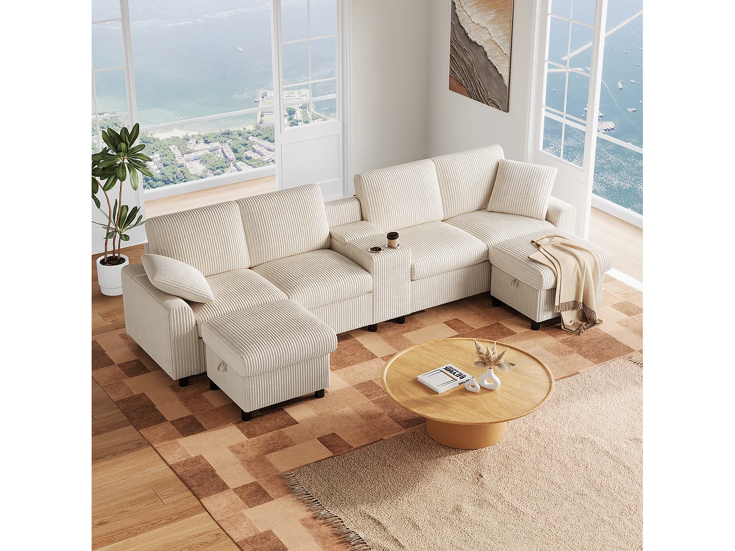 Modern U-shaped corner sofa - with USB and Type-C ports - with 2 storage footrests - with 2 cup holders - corduroy - Beige