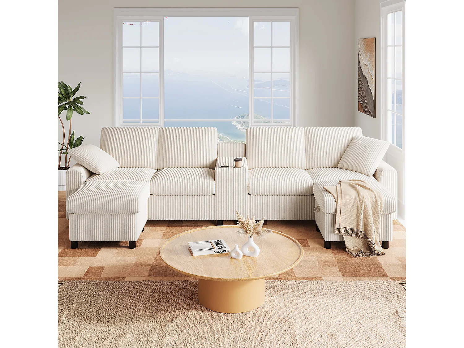 Modern U-shaped corner sofa - with USB and Type-C ports - with 2 storage footrests - with 2 cup holders - corduroy - Beige