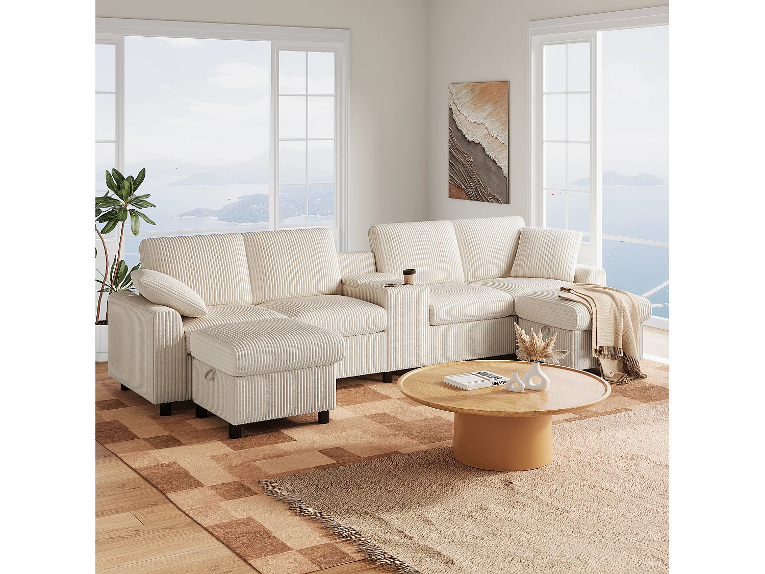 Modern U-shaped corner sofa - with USB and Type-C ports - with 2 storage footrests - with 2 cup holders - corduroy - Beige