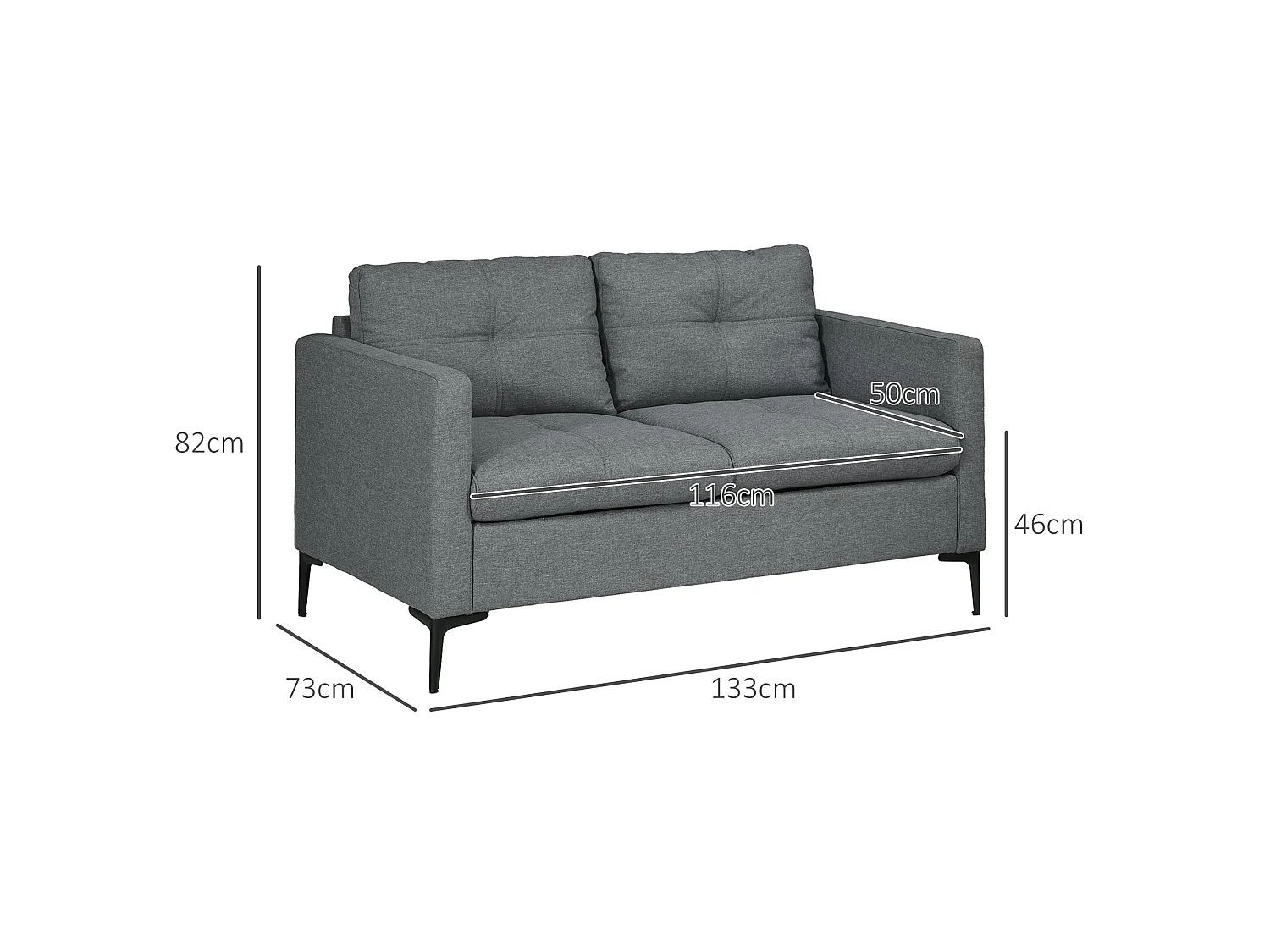 Malala Minimalist Grey 2 Seater Sofa with Steel Legs