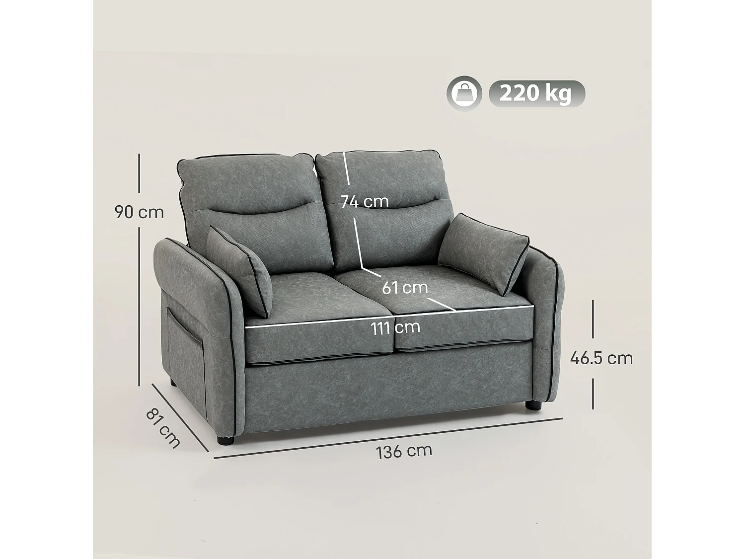 Pamazi Grey Faux Leather 2 Seater Sofa Modern Club Loveseat