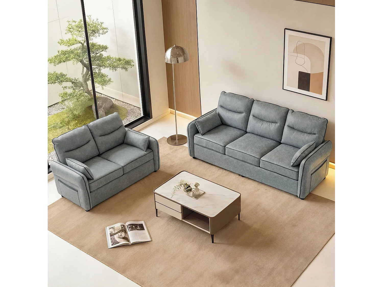 Pamazi Grey Faux Leather 2 Seater Sofa Modern Club Loveseat