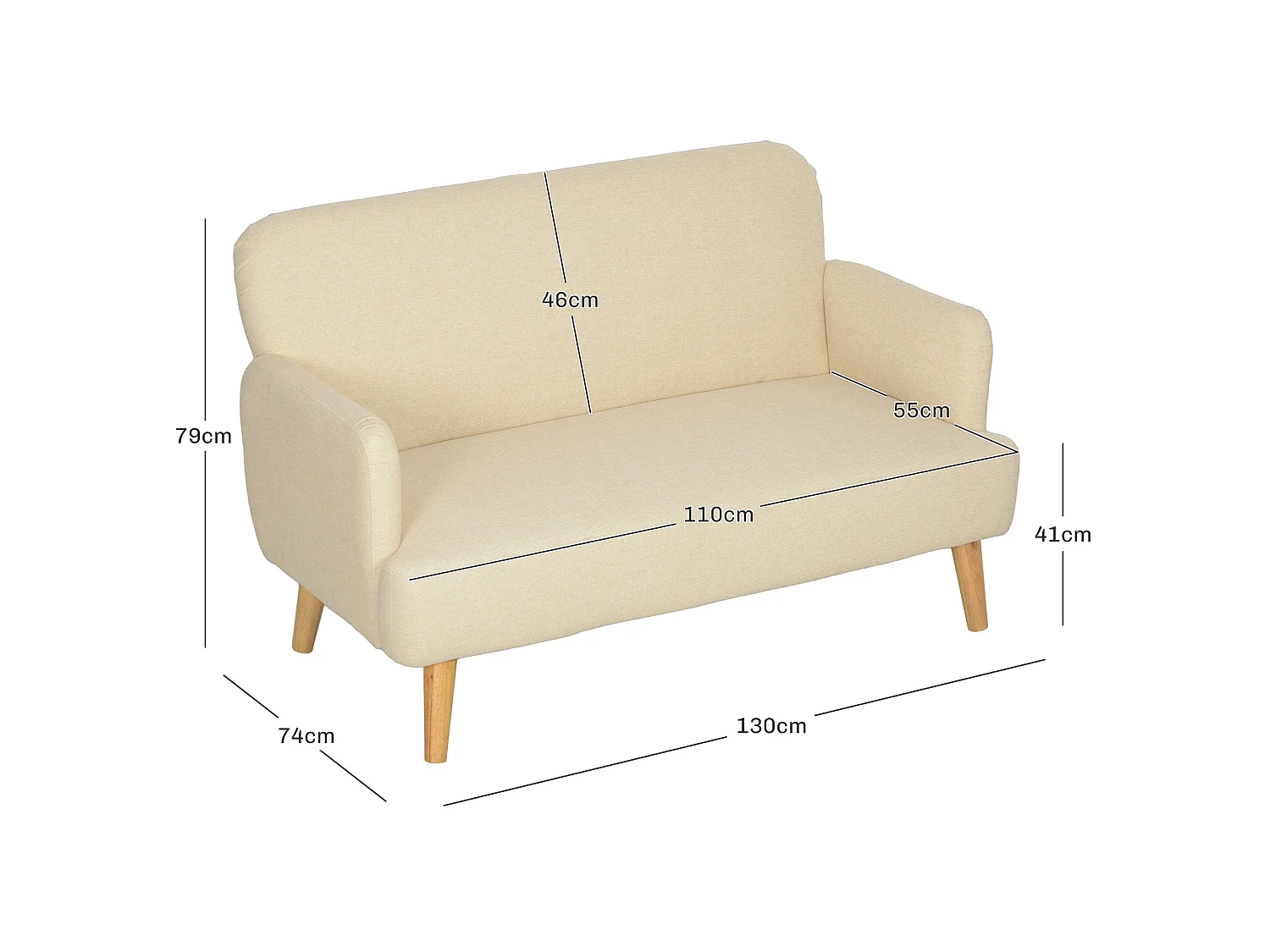 Zipato Velvet Cream 2 Seater Sofa Compact Padded Seat Wooden Legs