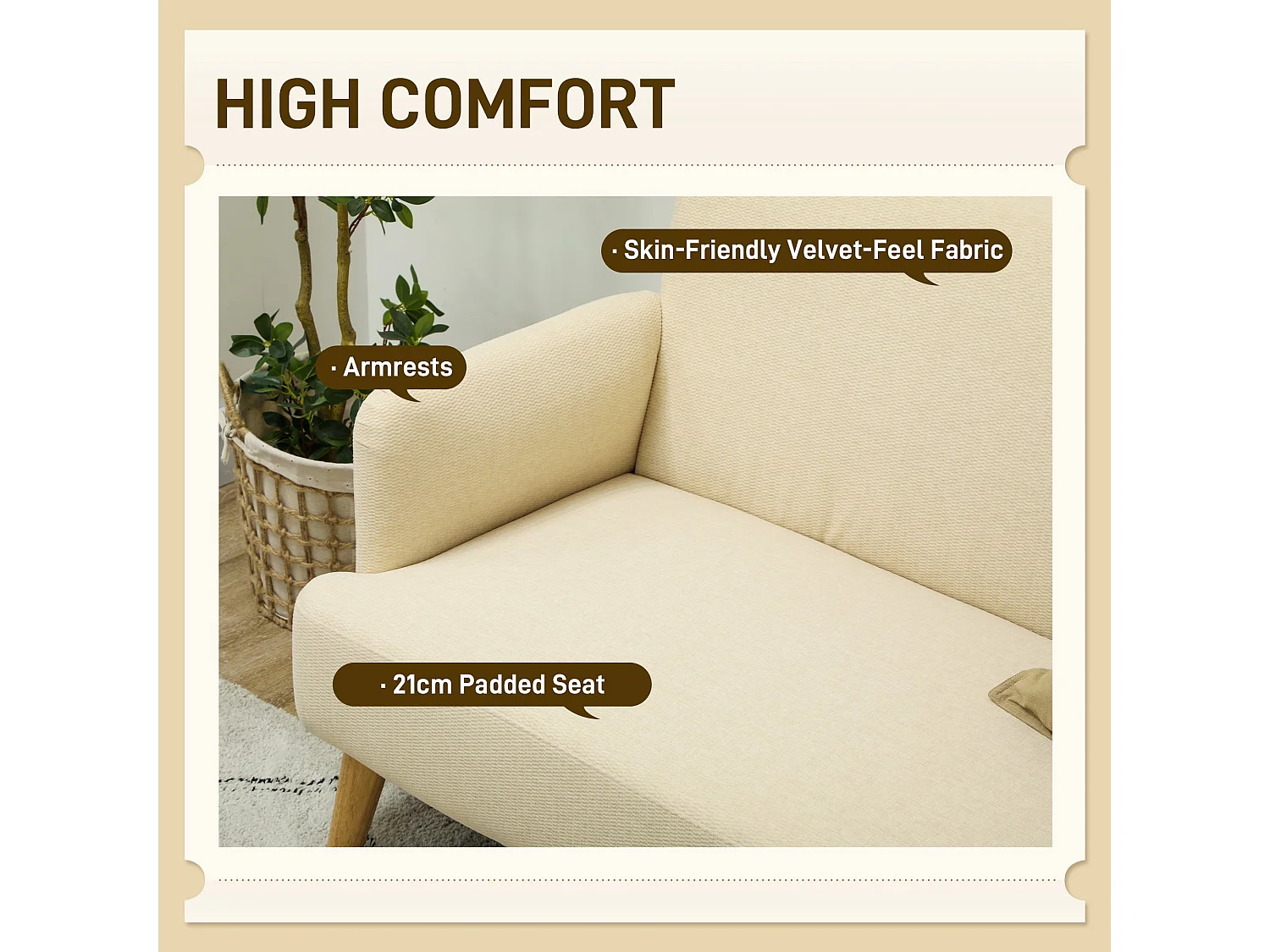 Zipato Velvet Cream 2 Seater Sofa Compact Padded Seat Wooden Legs