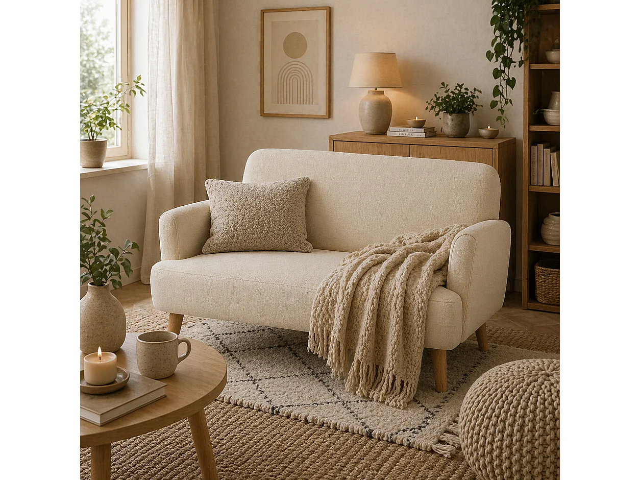 Zipato Velvet Cream 2 Seater Sofa Compact Padded Seat Wooden Legs