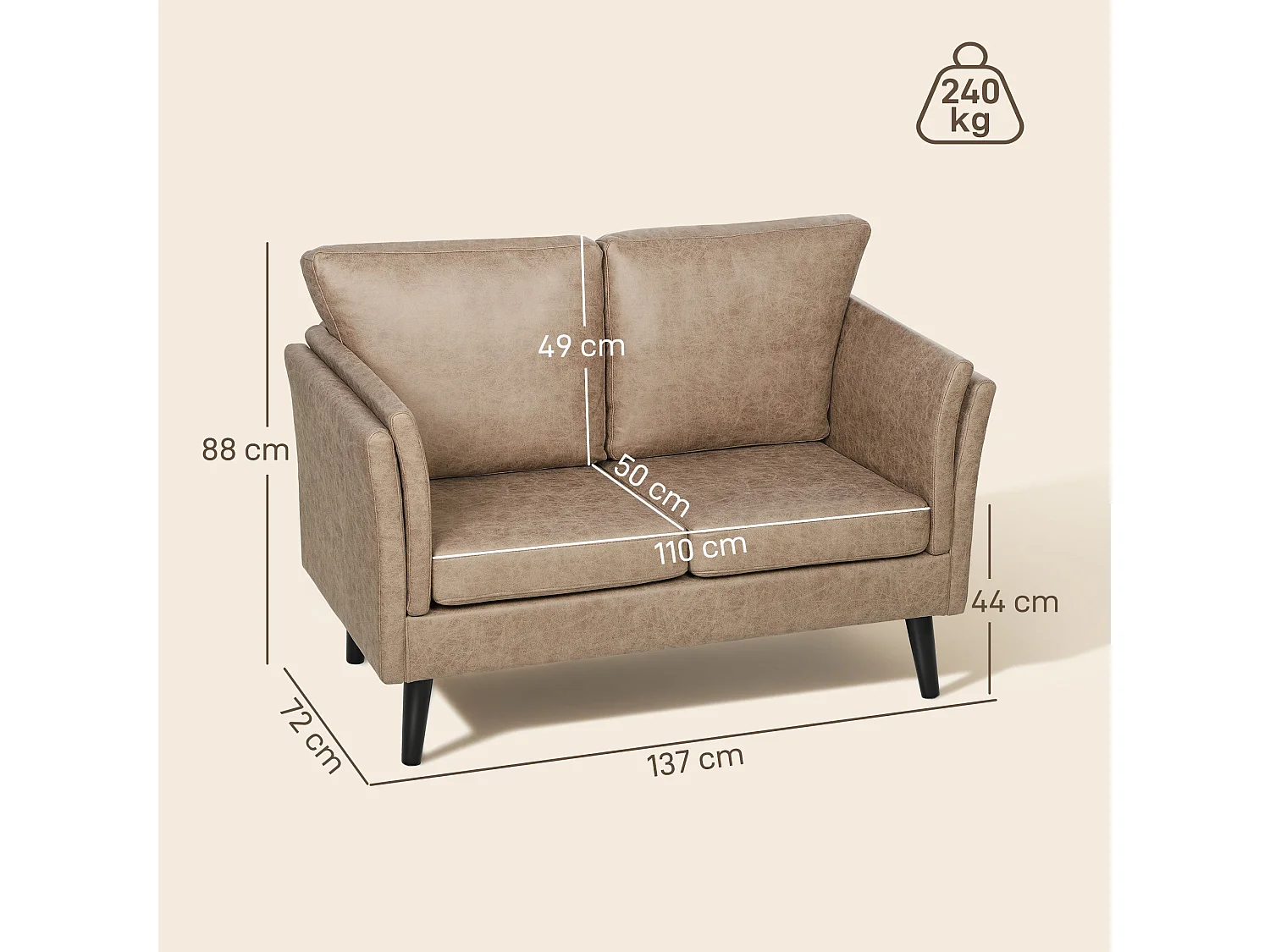 Vaha Light Brown Faux Leather 2 Seater Sofa
