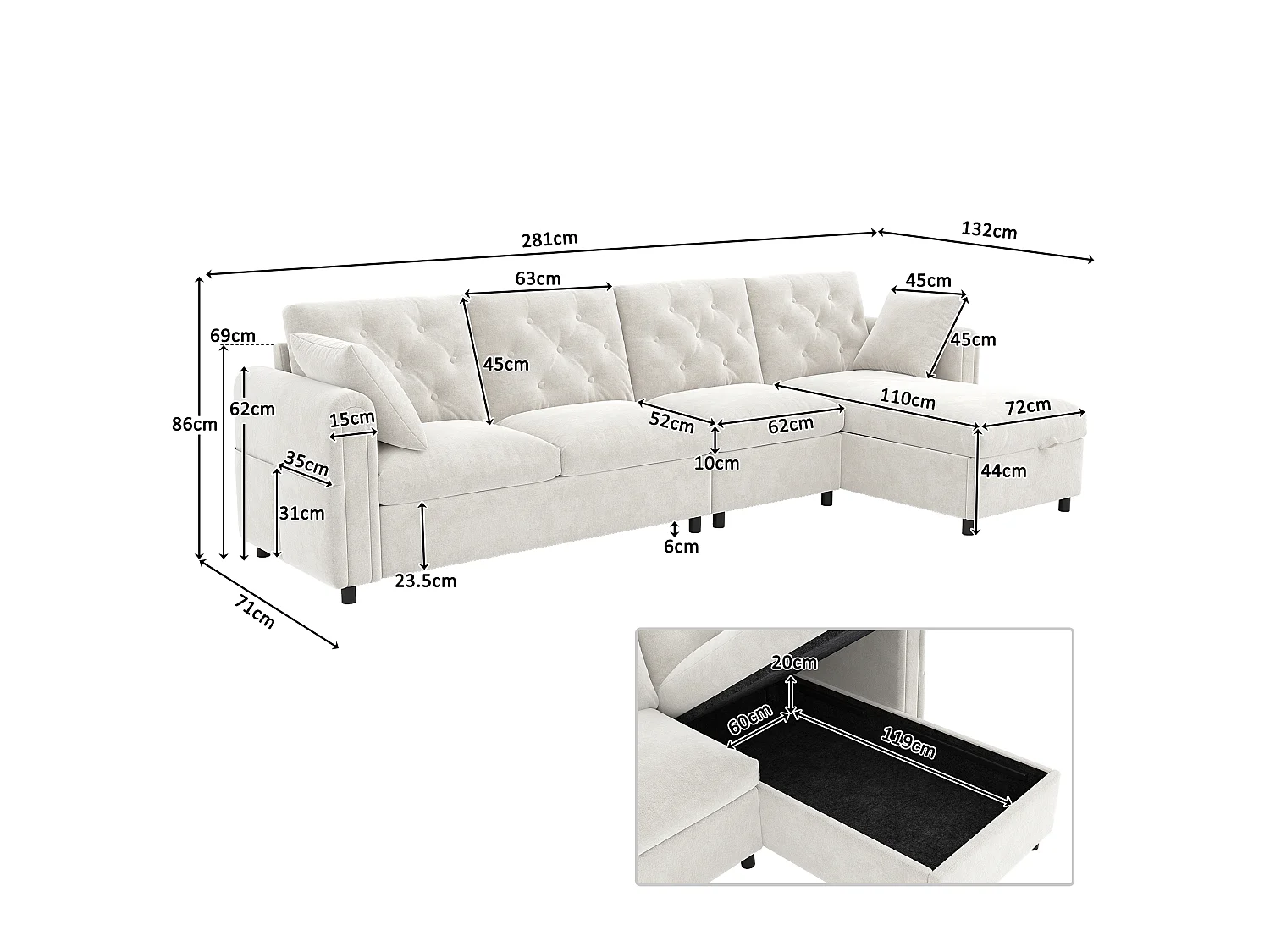 Modern L-shaped corner sofa - with storage space - adjustable left and right - with side storage pockets - velvet - Beige