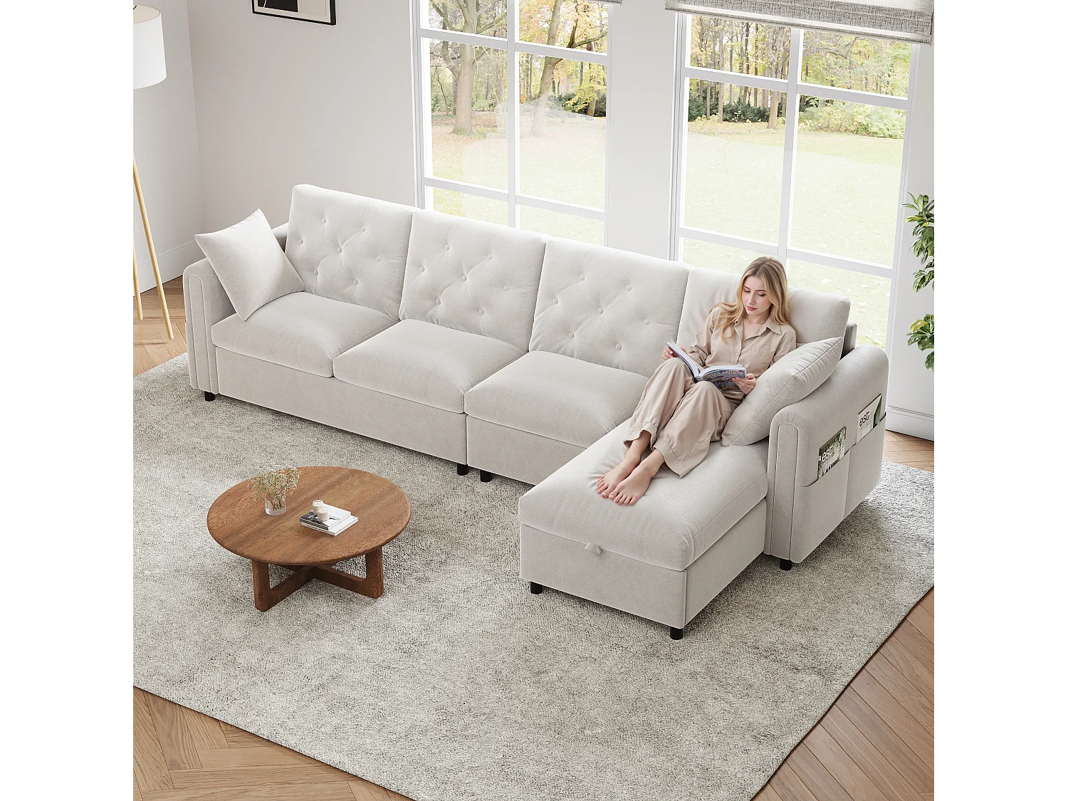 Modern L-shaped corner sofa - with storage space - adjustable left and right - with side storage pockets - velvet - Beige