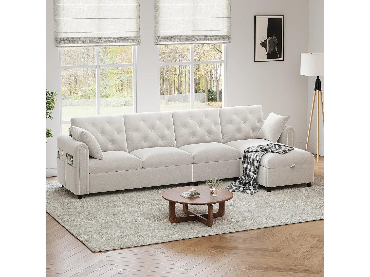 Modern L-shaped corner sofa - with storage space - adjustable left and right - with side storage pockets - velvet - Beige