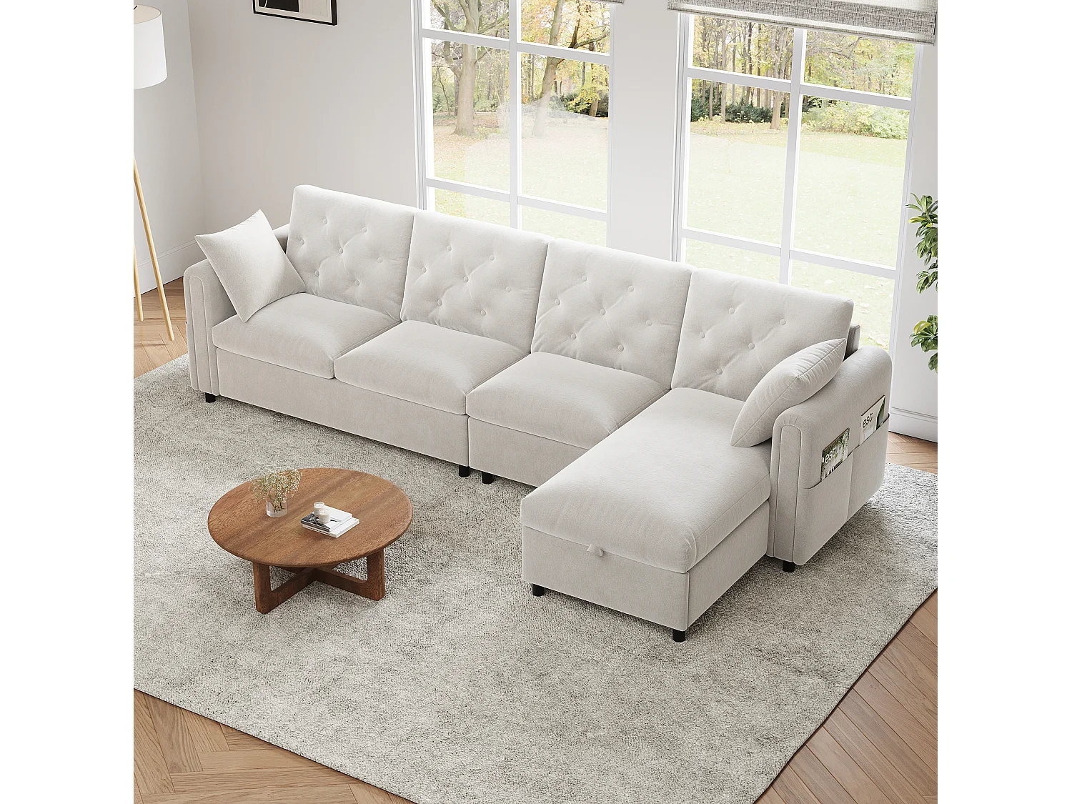 Modern L-shaped corner sofa - with storage space - adjustable left and right - with side storage pockets - velvet - Beige