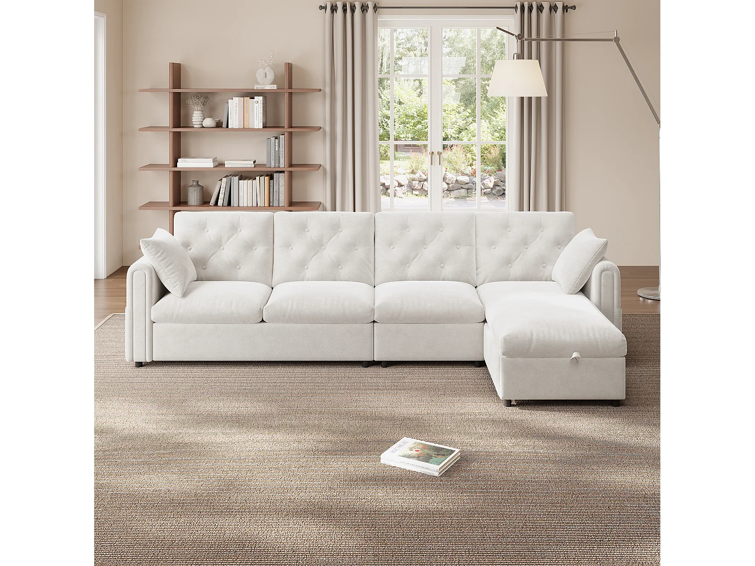 Modern L-shaped corner sofa - with storage space - adjustable left and right - with side storage pockets - velvet - Beige