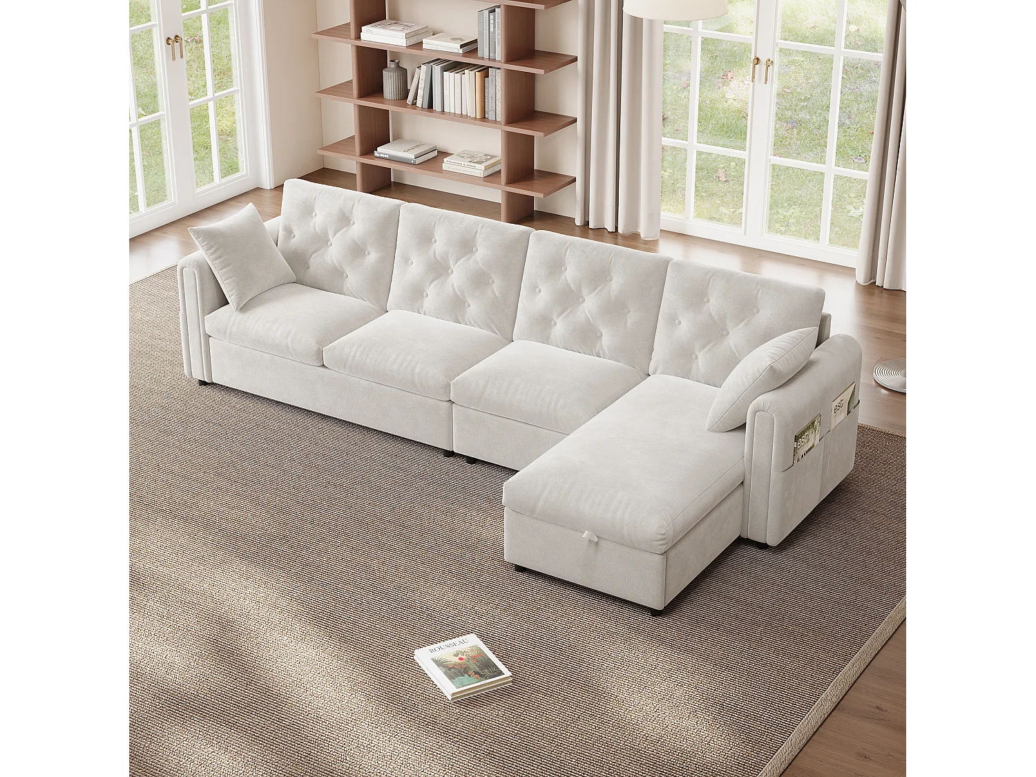 Modern L-shaped corner sofa - with storage space - adjustable left and right - with side storage pockets - velvet - Beige