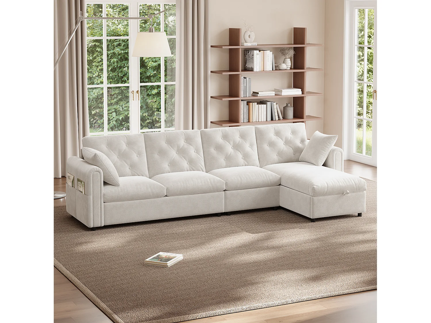 Modern L-shaped corner sofa - with storage space - adjustable left and right - with side storage pockets - velvet - Beige