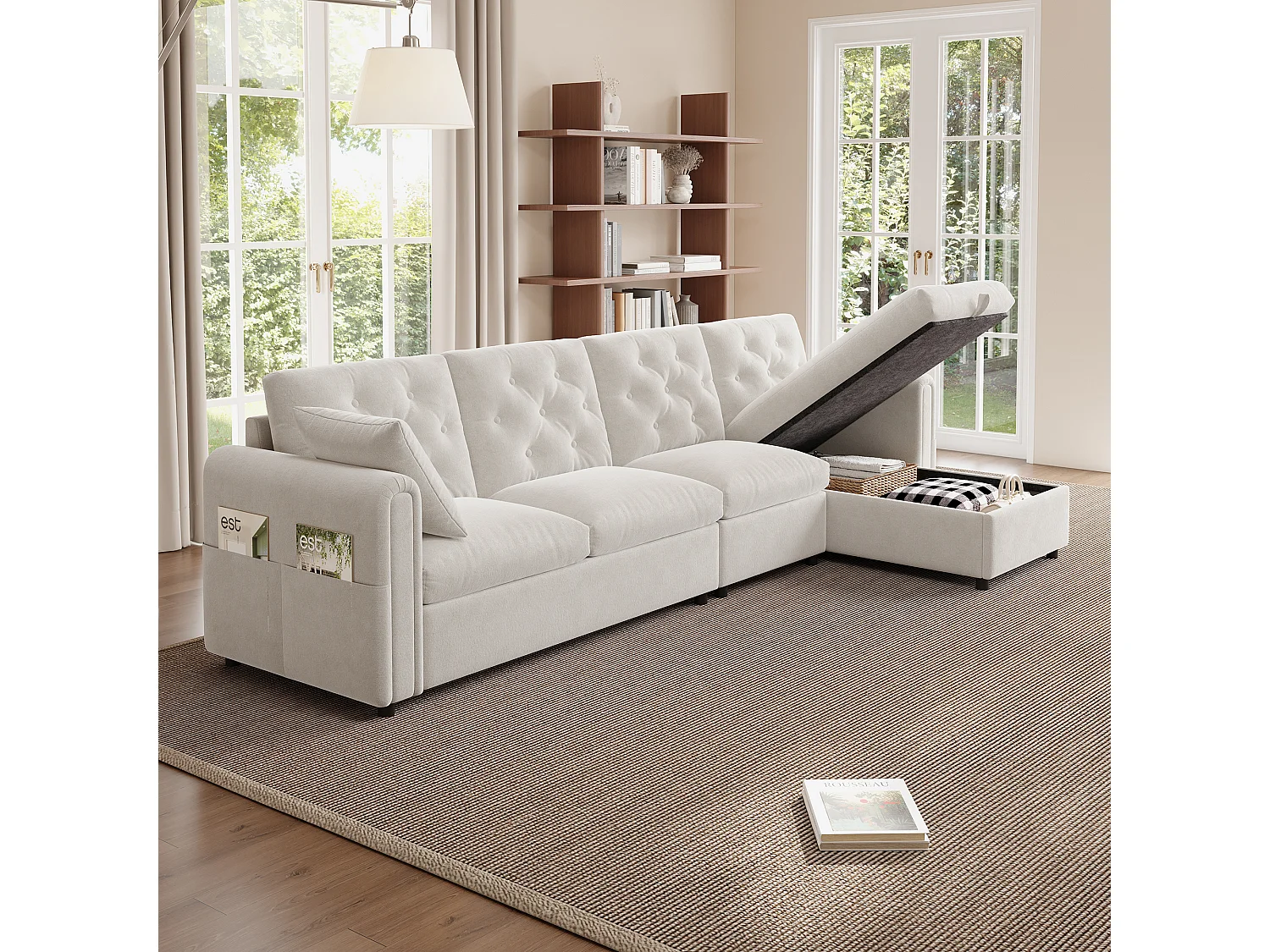 Modern L-shaped corner sofa - with storage space - adjustable left and right - with side storage pockets - velvet - Beige