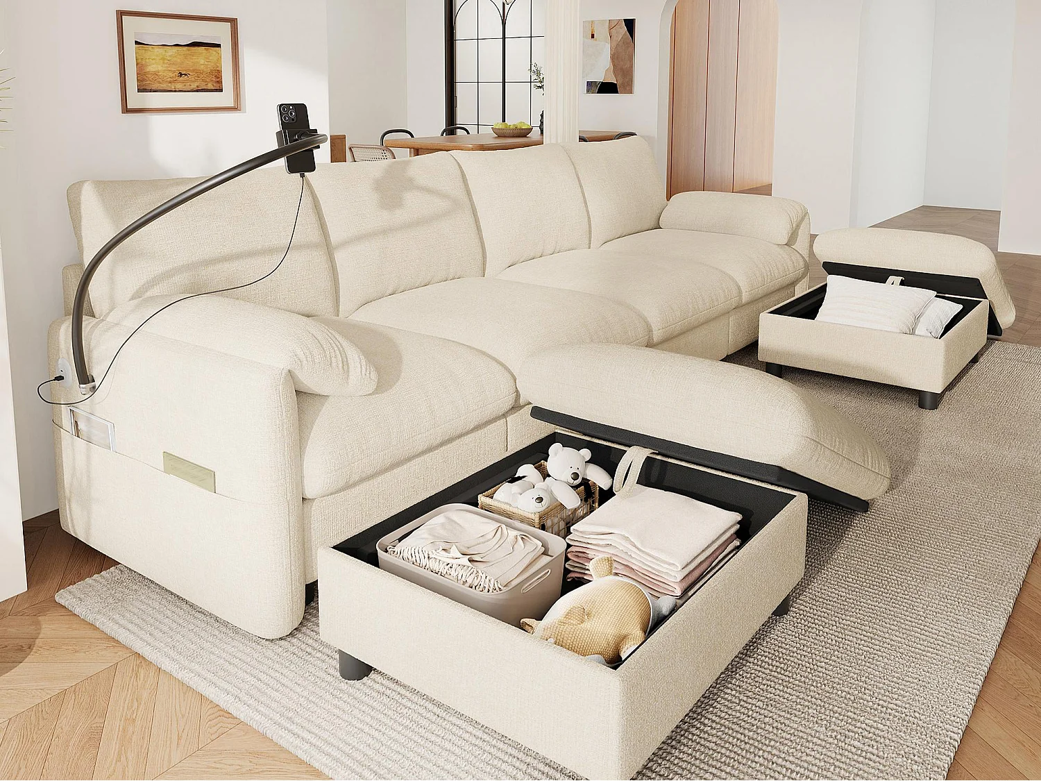 U/L-Form Sofa - 6-Sitzer - mit 2 Stauraum-Poufs - mit USB-Type-C-Anschluss - mit Handyhalterung - Chenille-Stoff - Beige