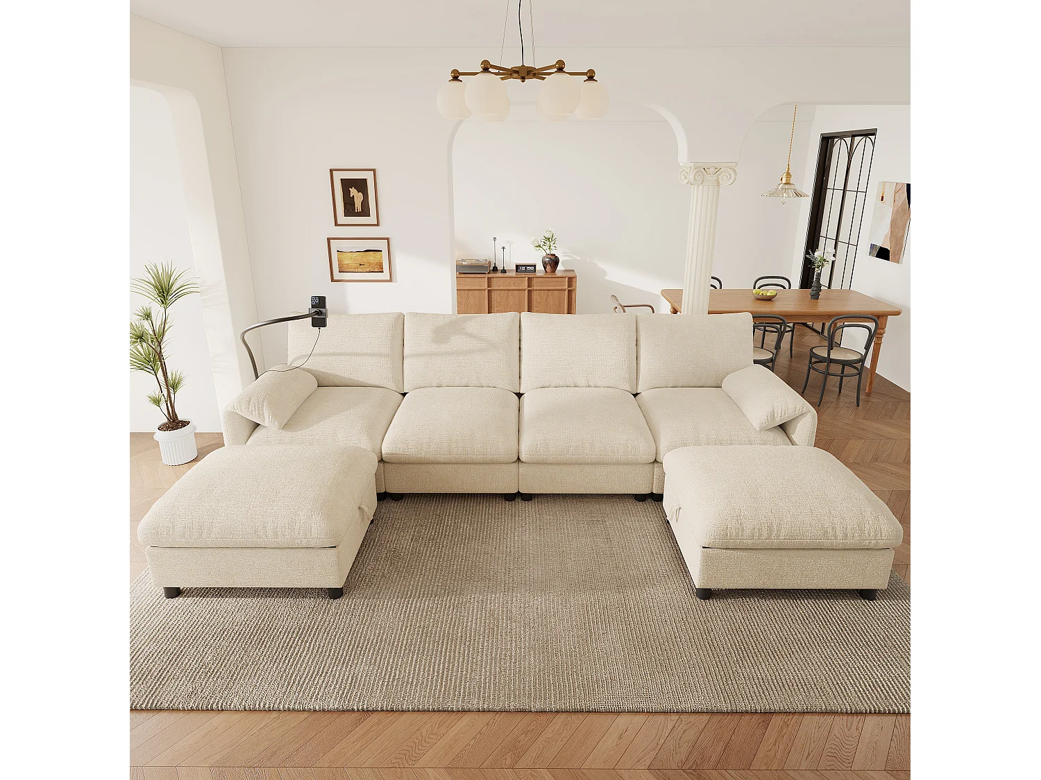 U/L-Form Sofa - 6-Sitzer - mit 2 Stauraum-Poufs - mit USB-Type-C-Anschluss - mit Handyhalterung - Chenille-Stoff - Beige
