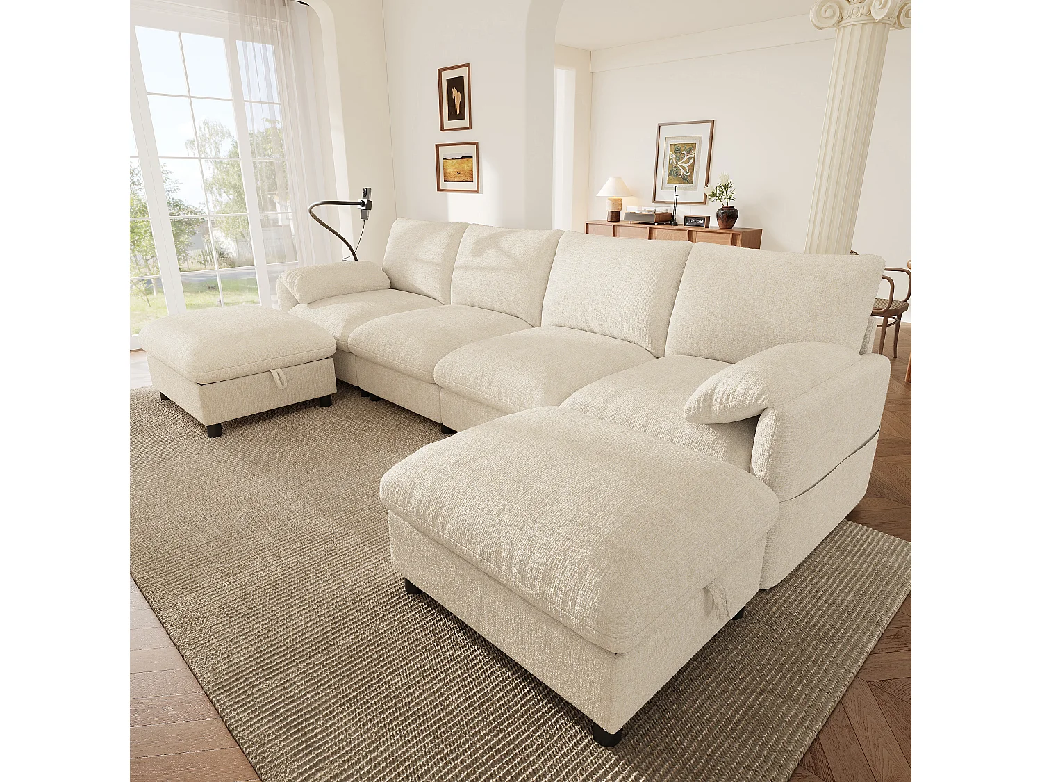 U/L-Form Sofa - 6-Sitzer - mit 2 Stauraum-Poufs - mit USB-Type-C-Anschluss - mit Handyhalterung - Chenille-Stoff - Beige