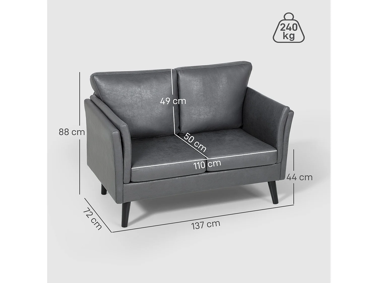 Ravi Grey Faux Leather 2 Seater Sofa Compact Club Design