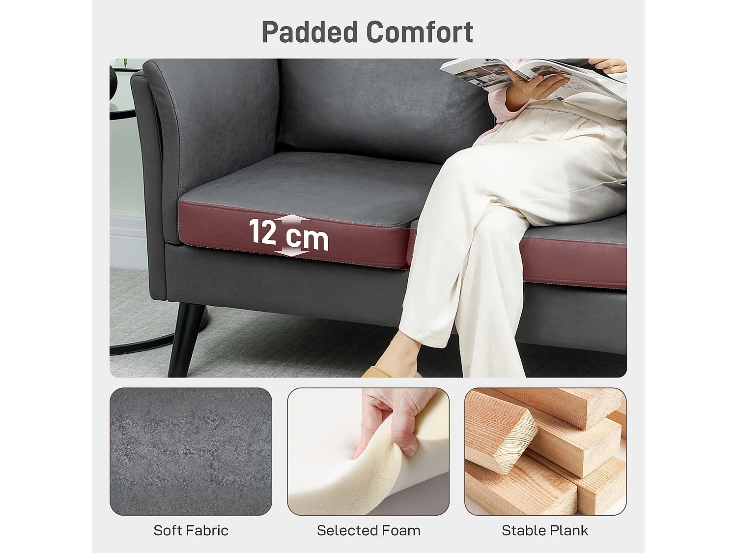 Ravi Grey Faux Leather 2 Seater Sofa Compact Club Design
