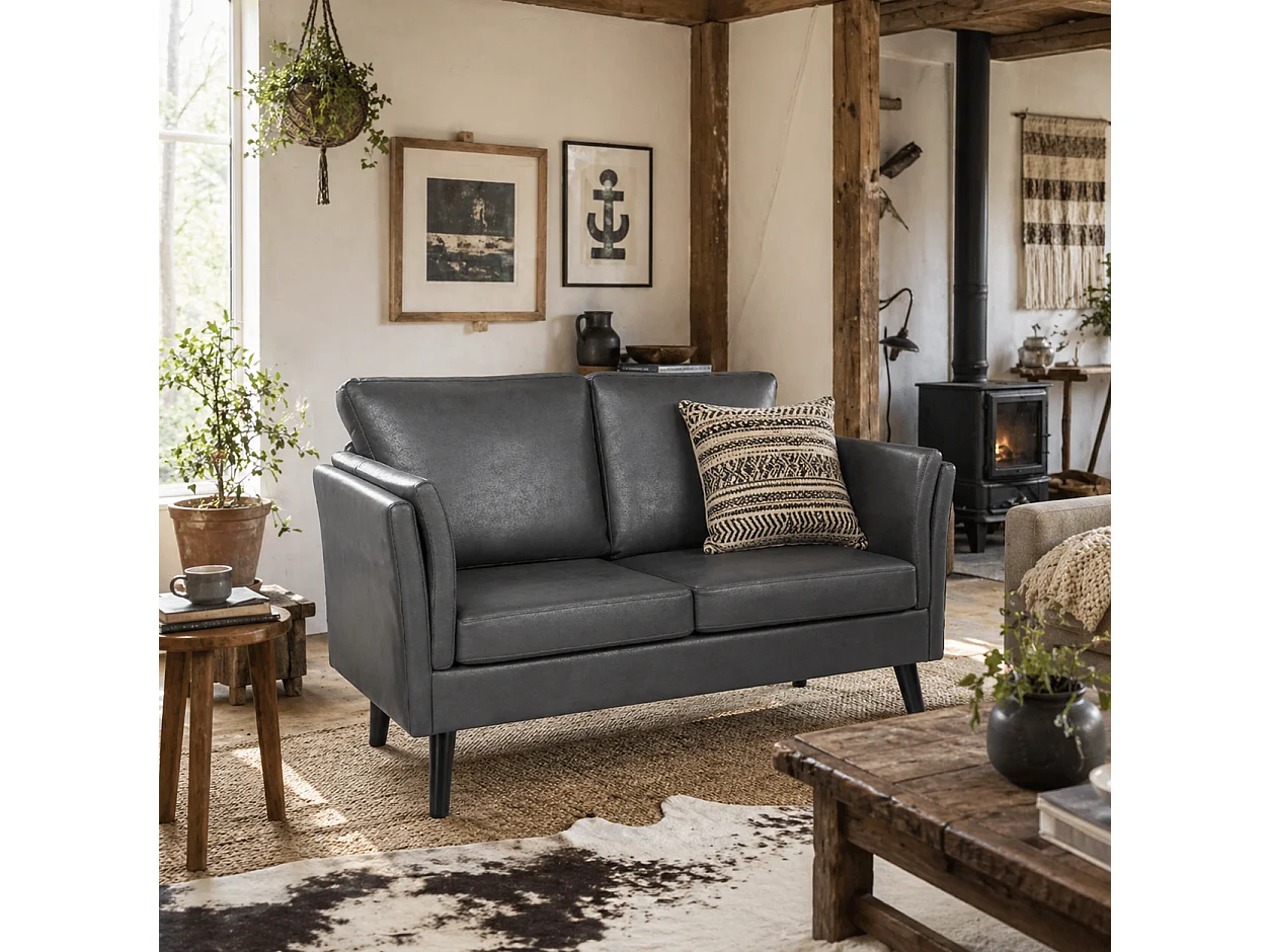 Ravi Grey Faux Leather 2 Seater Sofa Compact Club Design