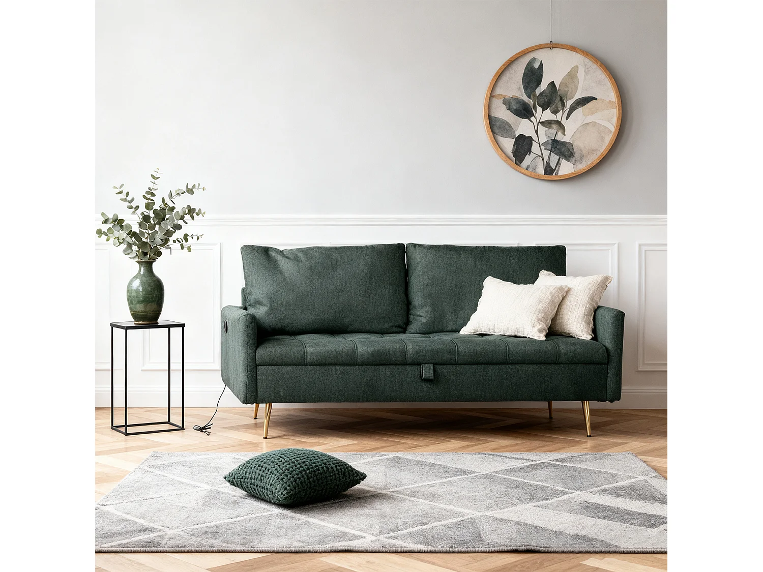 AHBARM - 2-zits slaapbank met opbergruimte, bekleed met groene stof en gouden poten moderne stijl