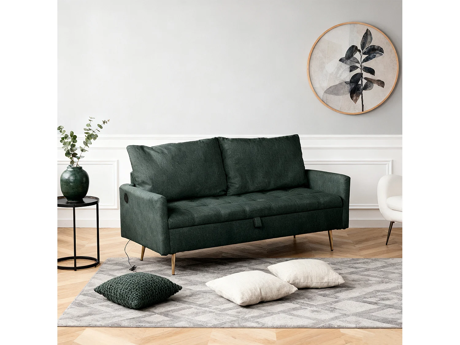 AHBARM - 2-zits slaapbank met opbergruimte, bekleed met groene stof en gouden poten moderne stijl
