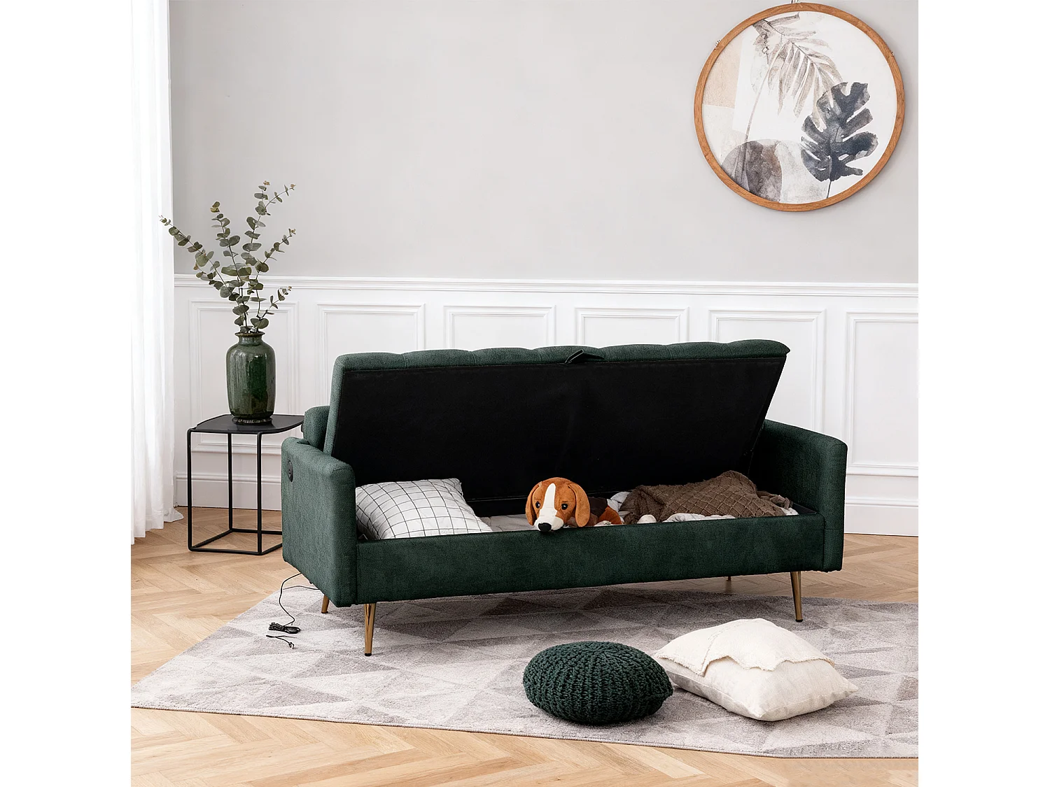 AHBARM - 2-zits slaapbank met opbergruimte, bekleed met groene stof en gouden poten moderne stijl
