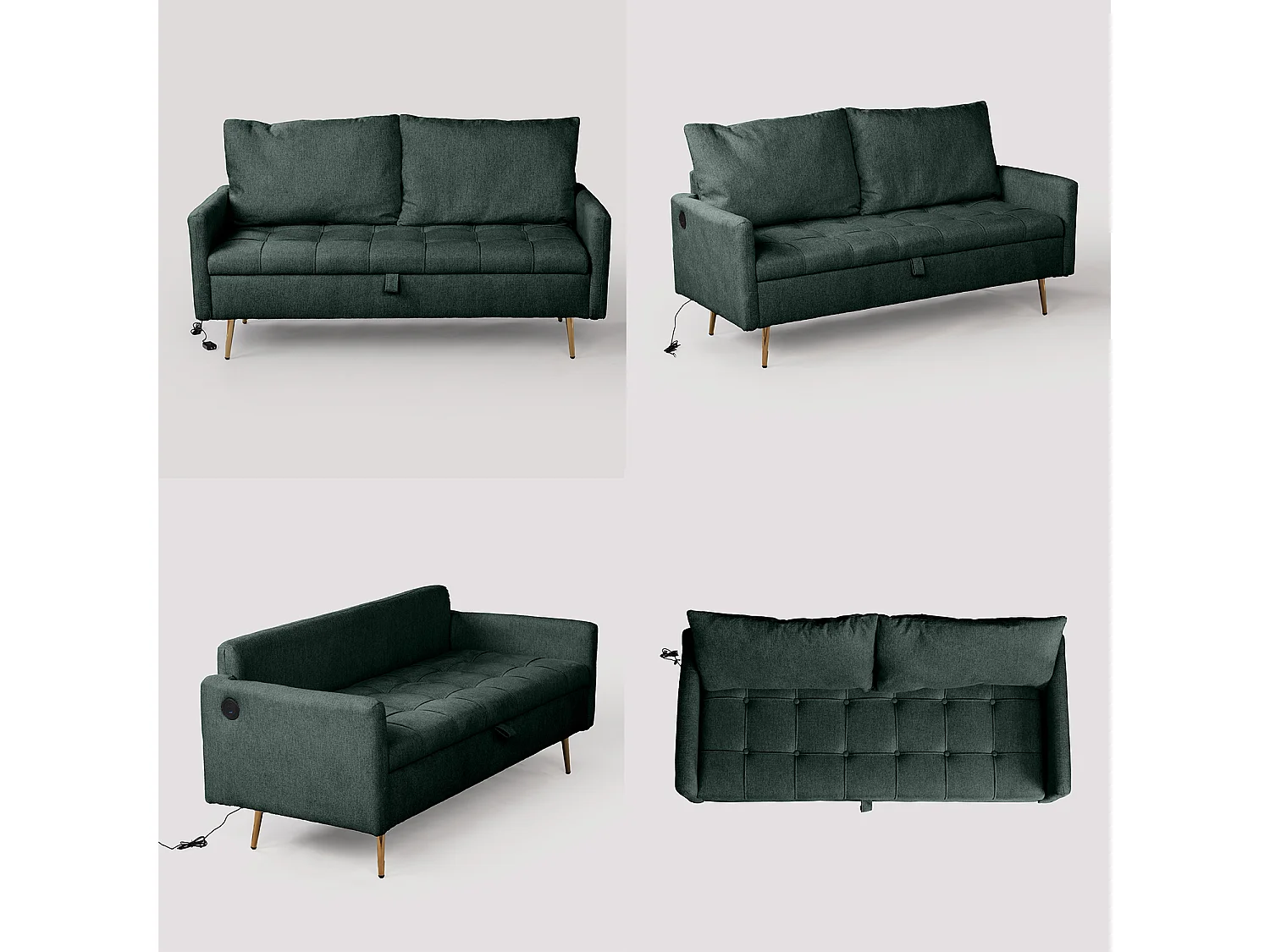 AHBARM - 2-zits slaapbank met opbergruimte, bekleed met groene stof en gouden poten moderne stijl