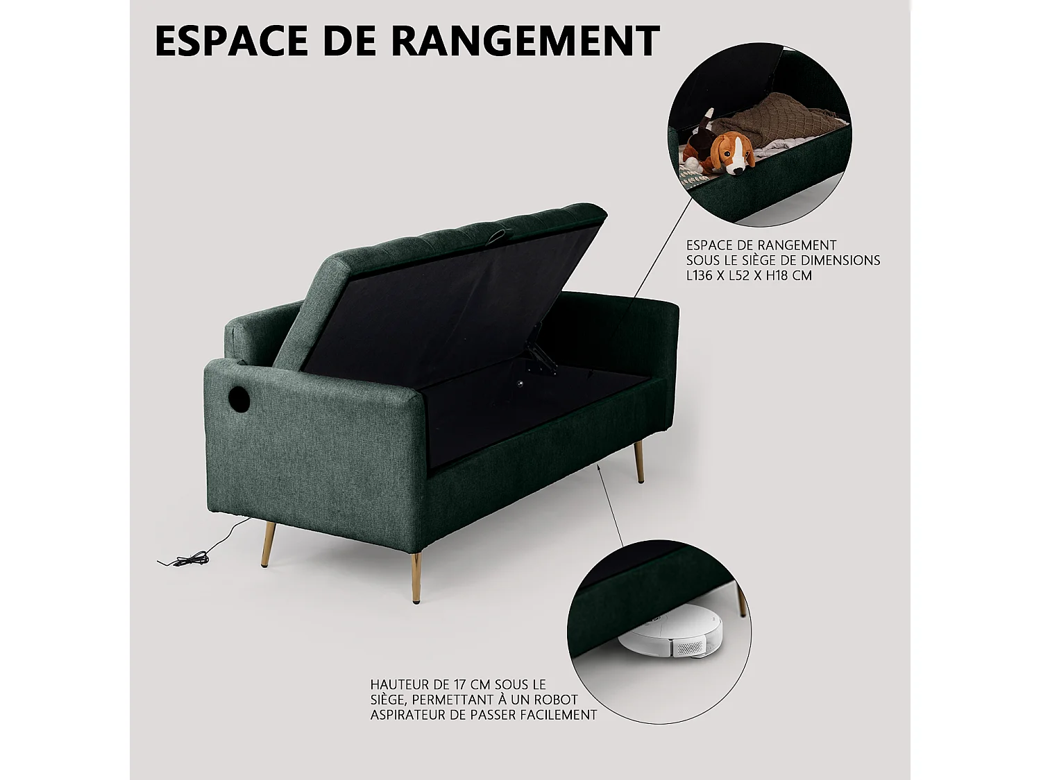 AHBARM - 2-zits slaapbank met opbergruimte, bekleed met groene stof en gouden poten moderne stijl