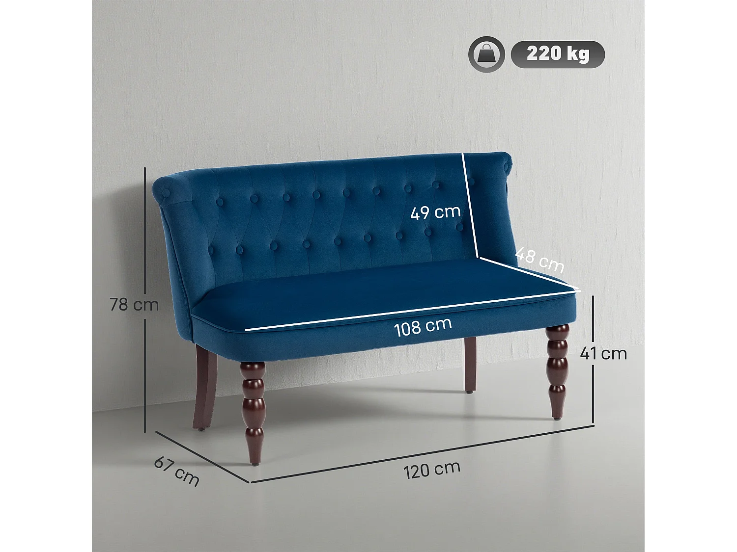 Layono Dark Blue Velvet Feel Diamond Button Tufted Wingback 2 Seater Sofa