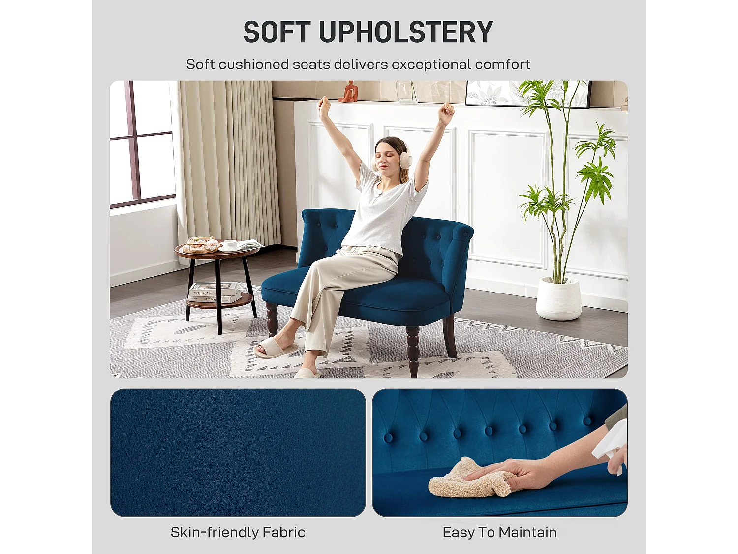 Layono Dark Blue Velvet Feel Diamond Button Tufted Wingback 2 Seater Sofa