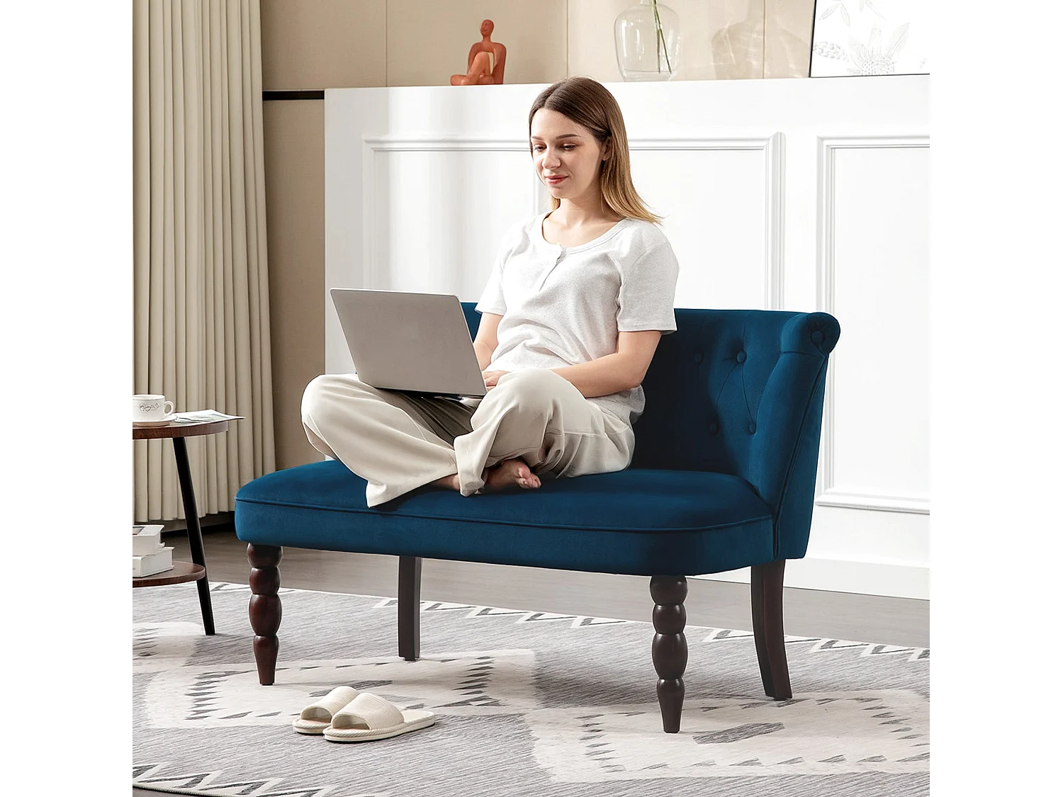Layono Dark Blue Velvet Feel Diamond Button Tufted Wingback 2 Seater Sofa